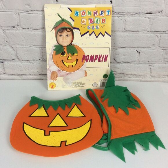 Pumpkin Bonnet & Bib Costume Halloween Party Theater Unisex Orange/Green/Yellow - Picture 1 of 7